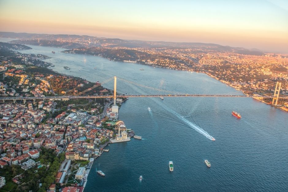 The Bosphorus in Istanbul and a bridge spanning from the European to the Asian side of the city